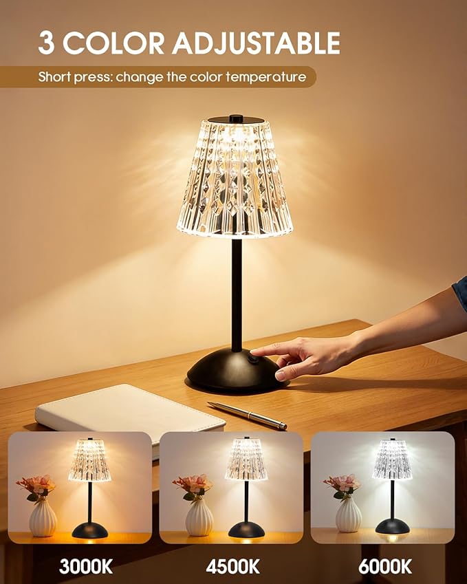Nusogon Rechargeable Cordless Table Lamp, Touch Control Crystal Desk Lamp with 3500mAh Battery, 3 Color Dimmable LED Small Lamp for Bedroom Bedside Restaurant Kitchen Home Decor, Black