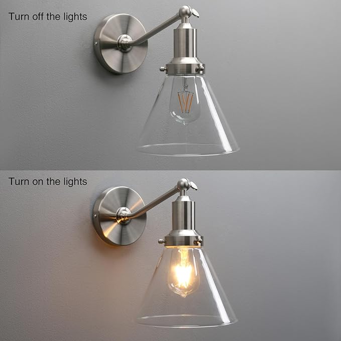 PERMO Industrial Vintage Slope Pole Wall Mount Single Sconce with Funnel Flared Clear Glass Shade Brushed Wall Sconce Light Lamp Fixture