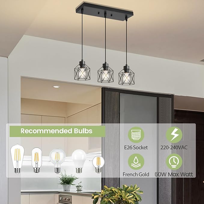 3-Light Hanging Pendant Light Fixtures, Farmhouse Kitchen Island Light Fixture, Industrial Hanging Pendant Lighting for Dining Room Bedroom Hallway, Black Metal Cage Pendant Lamp, E26 Base