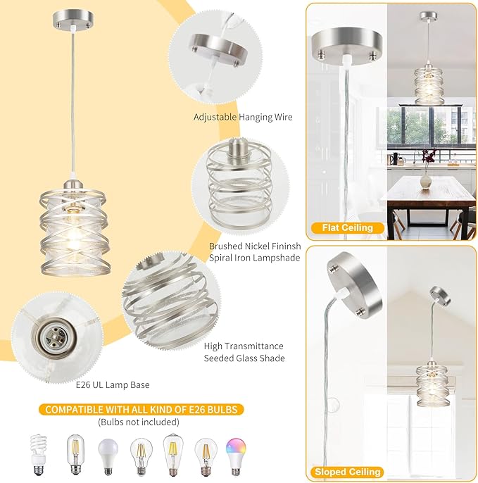 Brushed Nickel Pendant Light for Kitchen Island, Spiral Iron Pendant Light Fixtures with Seeded Glass Shade, Adjustable Height Hanging Pendant Lighting for Dining Room Hallway Kitchen Foyer