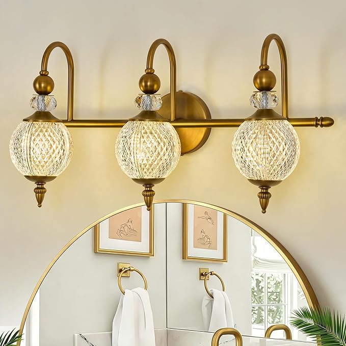 Vintage Vanity Light 3 Lights Gold Bathroom Light Fixtures Over Mirror with Acrylic Globe Shade