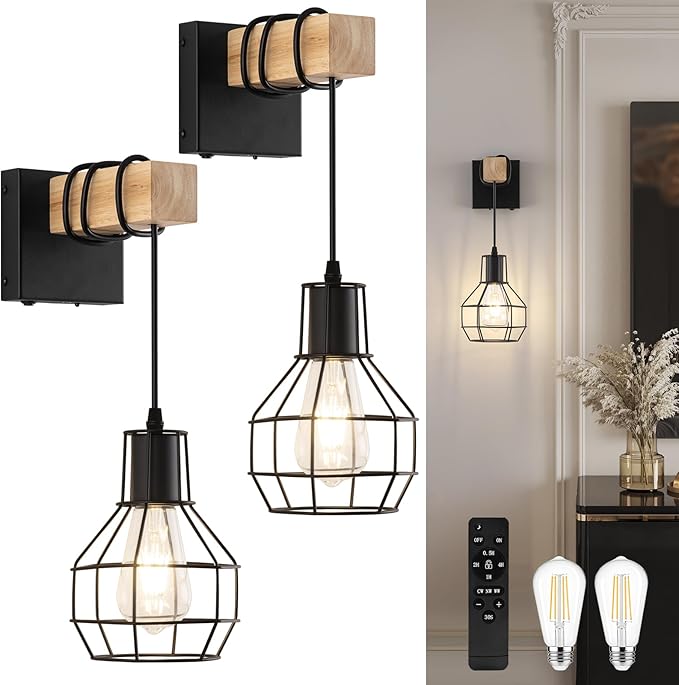 Battery Operated sconces Set of 2 for Bathroom, Dimmable Wall Sconces with Remote Control, Black LED Wireless Wall Lights for Living Room, Hallway,(2 Pack)