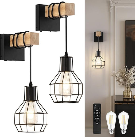 Battery Operated sconces Set of 2 for Bathroom, Dimmable Wall Sconces with Remote Control, Black LED Wireless Wall Lights for Living Room, Hallway,(2 Pack)