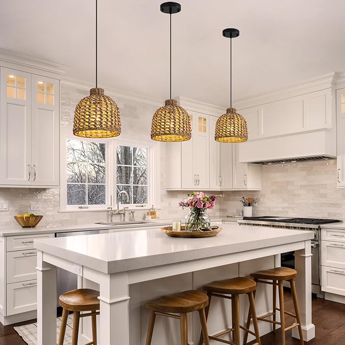 Mini Rattan Pendant Light Fixtures,9.06" Boho Pendant Light,3-Pack Hand Woven Seagrass Rattan Chandelier for Dining Living Bedroom Kitchen Farmhouse