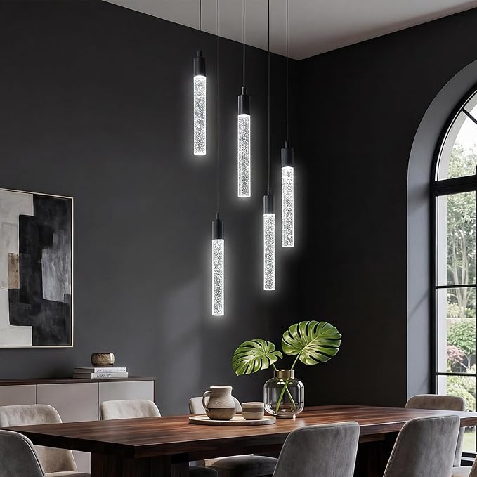 Modern Light Fixture Kitchen Island Pendant Light Dimmable LED Black Pendant Lights Mini Crystal Pendant Lighting for Bedroom Dining Room Living Room（5-Light ）