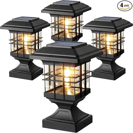 Solar Post Lights Outdoor Solar Cap Lights Deck Fence Cap for 4x4 5x5 6x6 Posts Patio Garden Courtyard Bright Decoration Fixture Waterproof Warm White Lighting Black (4Pack)