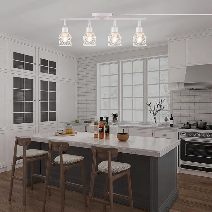 Dimmable 4 Light Plug in Ceiling Light,White Plug in Track Lighting Kit with 16.5' Cord,Flexibly Rotatable Light Head,Modern Industrial Farmhouse Style(Bulbs Not Included)