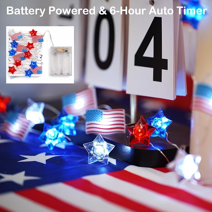 BOHON 4th of July Decorations Battery Operated String Lights 13 ft 40 LEDs | Red White and Blue Star American Flag Lights for Home Patriotic Memorial Independence Day Fourth of July Decor with Timer