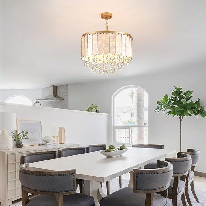 Gold Modern Capiz Shell Ceiling Light Fixture, 5-Light Drum Coastal Pendant Light with Crystals for Kitchen Island, Dining Room, Bedroom, Living Room, Bathroom, Foyer | 2-Tiered Flush Mount Chandelier