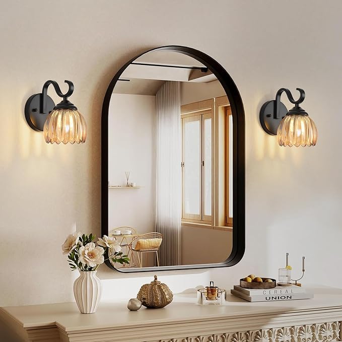 lobolighting Vintage Wall Sconce with Amber Tulip Glass Lampshade Black Sconce Bathroom Vanity Light Fixtures Hardwired Modern Wall Lighting Fixture for Bedroom Bedside Door Header