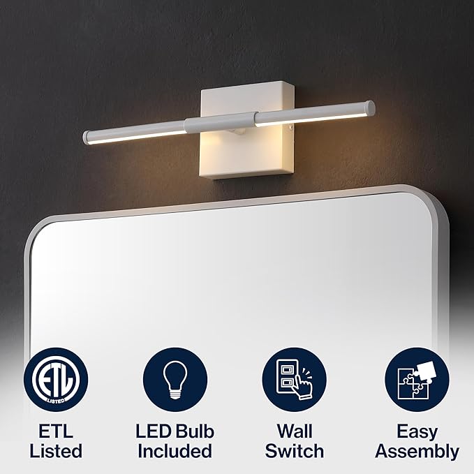 JONATHAN Y 16.25" White Modern Dimmable Integrated LED Wall Sconce, Minimalist Adjustable Metal Vanity Light for Bathroom Mirror, Bedroom, Hallway, 3000K, ETL Listed (JYL7039G)