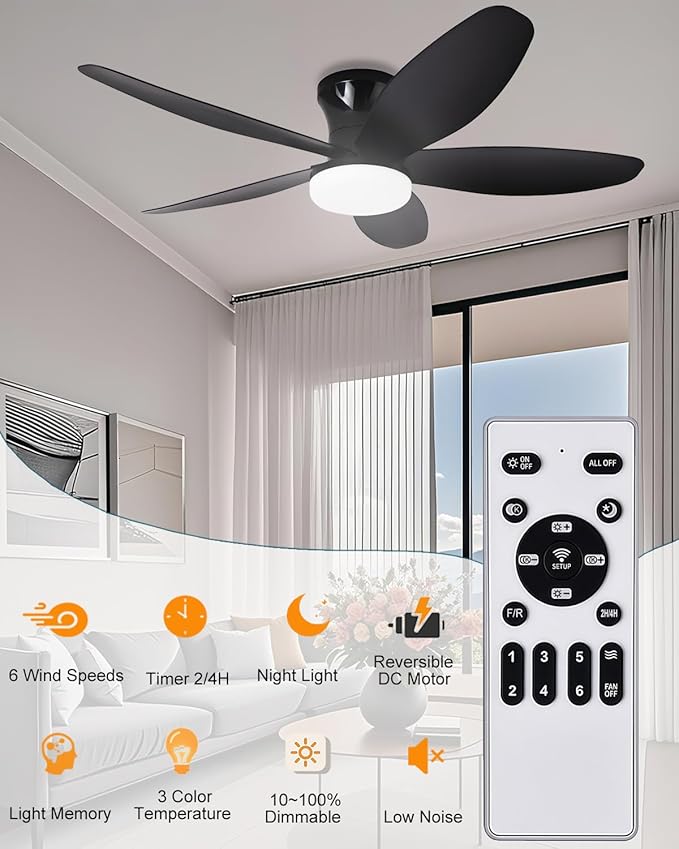 36" Low Profile Ceiling Fan with Lights & Remote, 6-Speed Wind, Dimmable 3-Color LED, Reversible DC Motor,Timer, Memory Function for Bedroom/Living Room/Patio Use (Black)