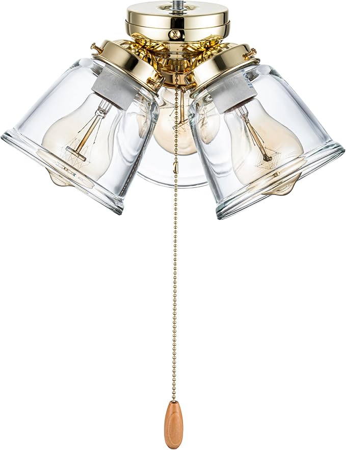 Aspen Creative 22015-1, Three-Light Ceiling Fan Light Kit with Pull Chain, Polished Brass Finish with Clear Glass Shades, 13-1/8" Diameter x 6-3/4" Height