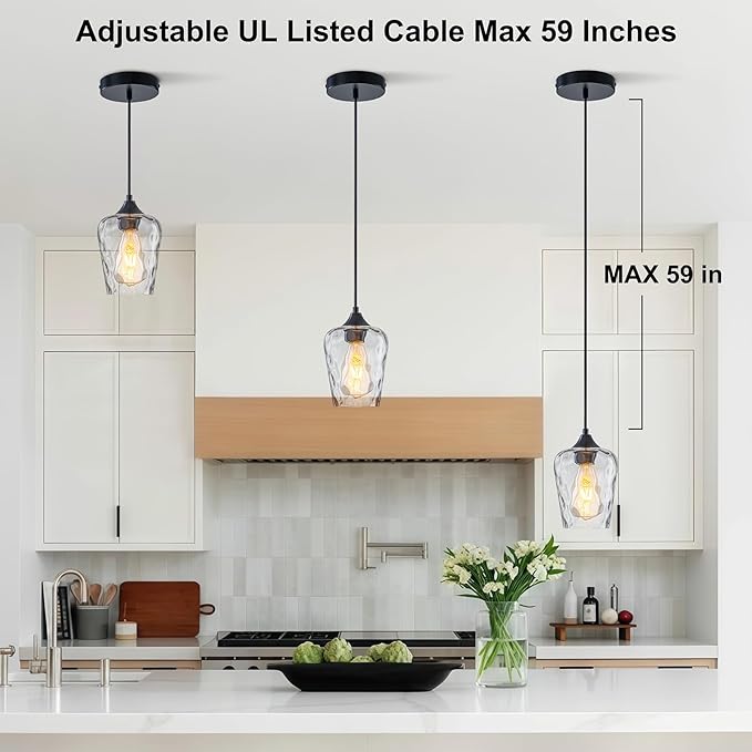 1 Pack Mini 5.1" Black Hammered Glass Pendant Light Fixtures, Small Farmhouse Kitchen Pendant Light with Hammered Glass Shade, Black Pendant Lights Kitchen Island Lighting for Dining Room Sink
