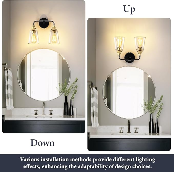 2-Light Bathroom Vanity Light, Black and Gold Bathroom Lighting Fixtures Over Mirror with Clear Glass Shades, Modern Hardwired Wall Sconce Light for Bedroom Hallway