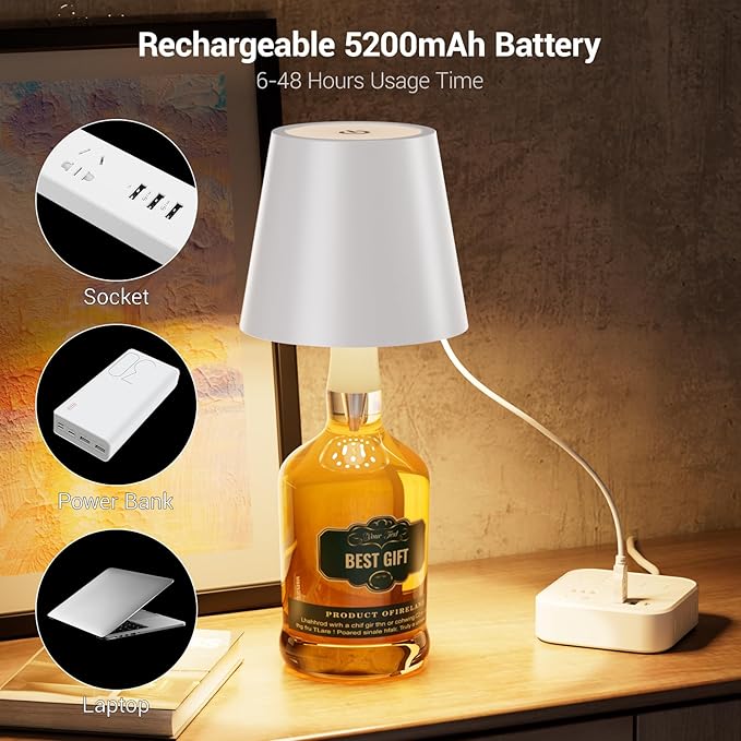 Wireless Bottle Lamp, Wireless Bottle Lamp Shade with 3 Color Temperature, Rechargeable Stepless Dimming LED Wine Bottle Lights for Any Bottle, Desk Lamp for Bedroom Restaurant Bar - Silver