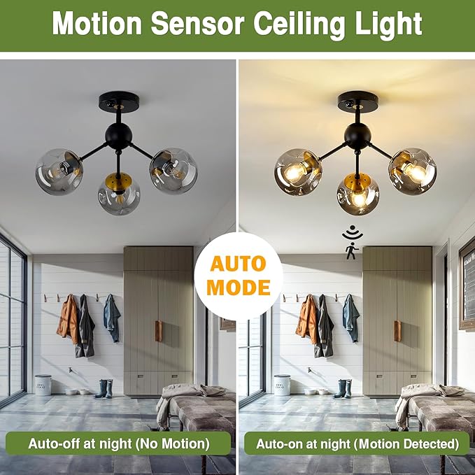 SZXYKEJI Motion Sensor Light Indoor 3-Light Vintage Semi Flush Mount Ceiling Light Fixture with Glass Globe Black Chandelier for Closet Hallway Stairway Porch Entryway