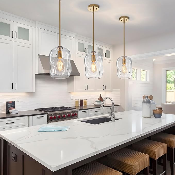 GoYeel Pendant Lights - Brushed Gold Glass Hanging Lamp 2 Pack, Modern Handblown Organic from Glass Pendant Lights Kitchen Island