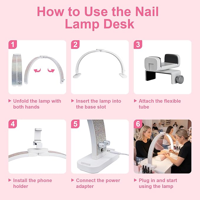 Half Moon Light for Nail Desk 31" Foldable LED Nail Desk Lamp with Phone Holder, Professional Nail Tech Light for Manicure & Beauty Studio