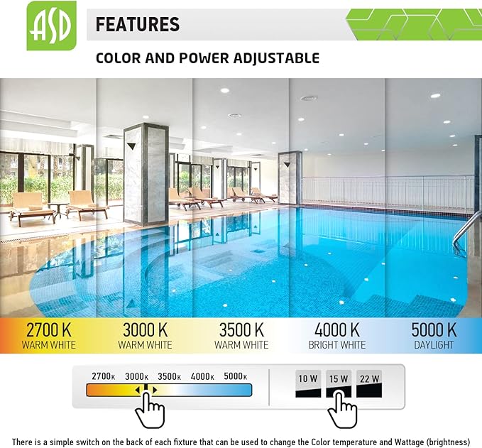 ASD 6 Inch Commercial Canless LED Downlight, Power Adjustable 10/15/22W Lighting, Dimmable Recessed Ceiling Light Fixture, 5 Color Temperatures 2700K-5000K, 120-277V IC Rated UL & Energy Star 4 Pack