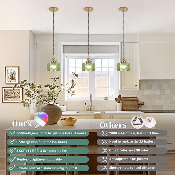 Shenmoyl Battery Operated Pendant Light 5000mAh Rechargeable Chandelier with Remote Control Wireless Adjustable Hanging Green Striped Light for Kitchen Island Dining Room Hallway