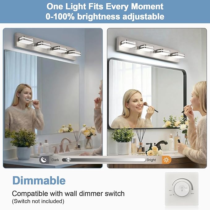 360° Rotate LED Dimmable Bathroom Vanity Light Fixtures, 1600LM Acrylic Brushed Nickel Vanity Lights for Bathroom, Modern Wall Lighting Fixtures Over Mirror Kitchen Hallway (Natural White Light 5000K)