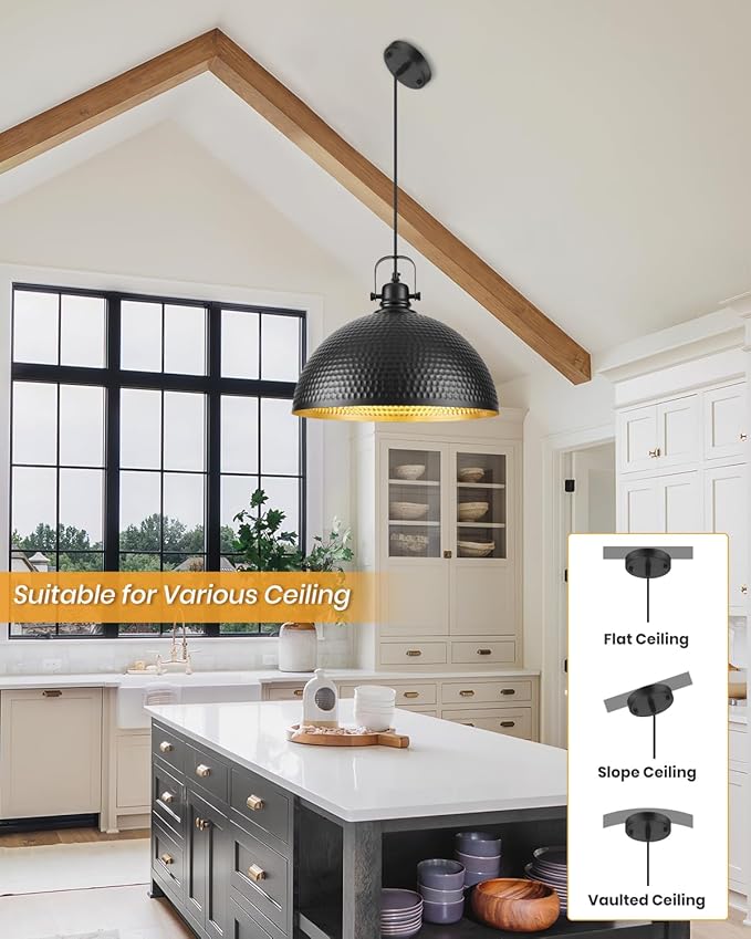 16 Inch Black and Gold Pendant Light Fixtures, Large Hammered Pendant Lights Kitchen Island, Vintage Dome Pendant Light for Kitchen, Dining Room, Bedroom,Bar