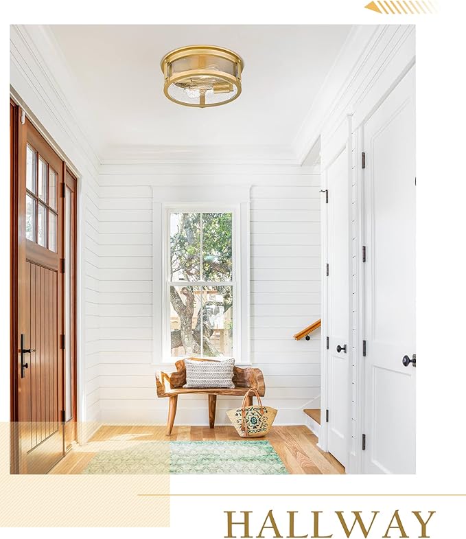 Flush Mount Ceiling Light Fixture, 2 - Lights Farmhouse Ceiling Light, Industrial Seeded Glass Light Fixtures with Metal Cage for Hallway Porch Corridor Kitchen Bathroom Bedroom Passway - Gold