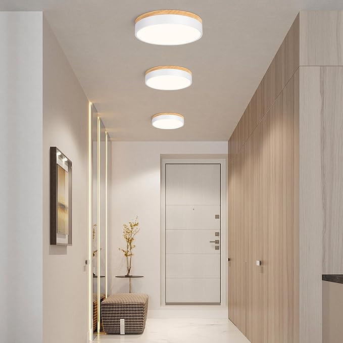 Modern LED Ceiling Light, Dimmable Wood Flush Mount Ceiling Lighting Fixture, 5CCT Round Wood Close to Ceiling Lamp for Kitchen Hallway Bathroom Office Laundry Room Entryway Nursery(White& 11.81 in)