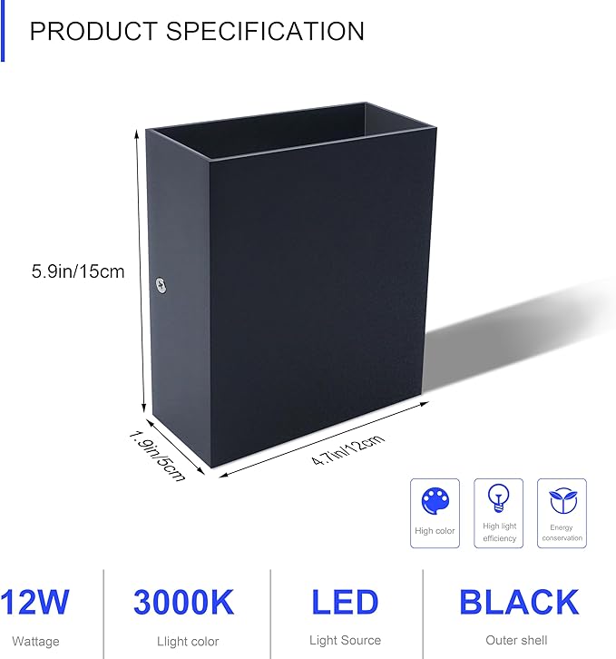 KICAAO LED Wall Sconces Set of Two, 12W Modern Wall Light, Hardwired Aluminum Wall Lamp,Black Up Down Wall Mount Lights for Living Room Hallway Bedroom Decor (Black Warm Light 3000K)