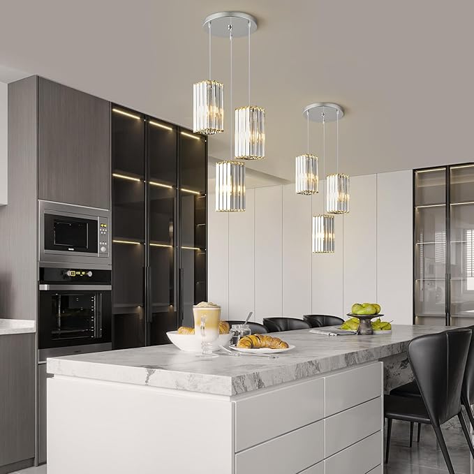 Modern Pendant Light Chrome Rectangle Pendant Lighting Mini Crystal Chandeliers Adjustable Pendant Light Fixture for Kitchen Island Dinning Room Living Room Corridor Bedroom(Chrome 3-Light)