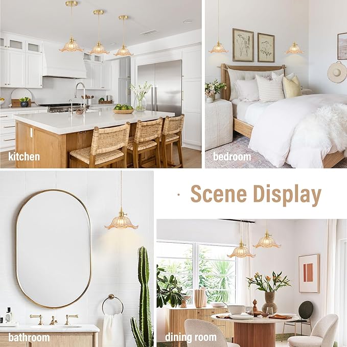 Vintage Pendant Lights Kitchen Island, Adjustable Brass Pendant Light Fixtures with Amber Lily Glass Lampshade, Gold Kitchen Pendant Lighting Over Island, Pendant Light for Dining Room Hallway