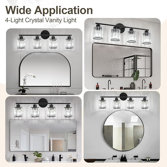 Crystal Bathroom Light Fixtures, Bathroom Lighting Fixtures Over Mirror, Modern Black 4-Light Vanity Lights for Mirror, Restroom, Bedroom (Ceramic E26 Socket,Bulbs Not Include)
