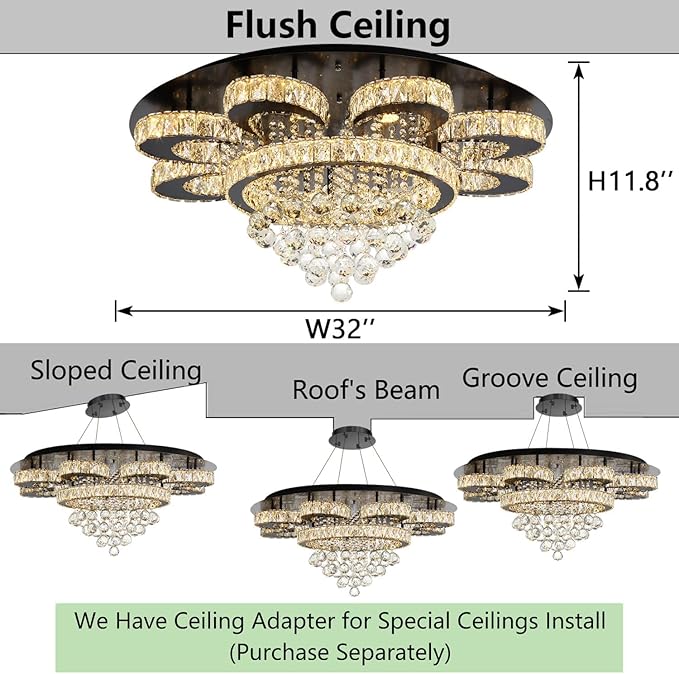HAIXIANG Modern Chandelier Living Room Glam Chandeliers Ceiling Light Fixture Remote Dimmable Lights 32 Inches Luxury Crystal Black Light