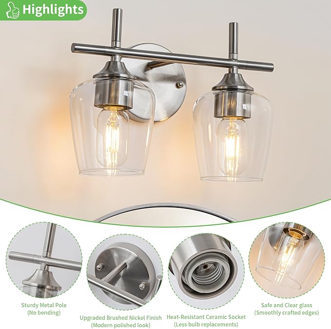 Bathroom Vanity Light Fixtures, 3-Lights Over Mirror Modern Vanity Lighting with Clear Wine Glass Shade Wall Lamp for Bedroom Hallway Living Room (Nickel, 2-Light)