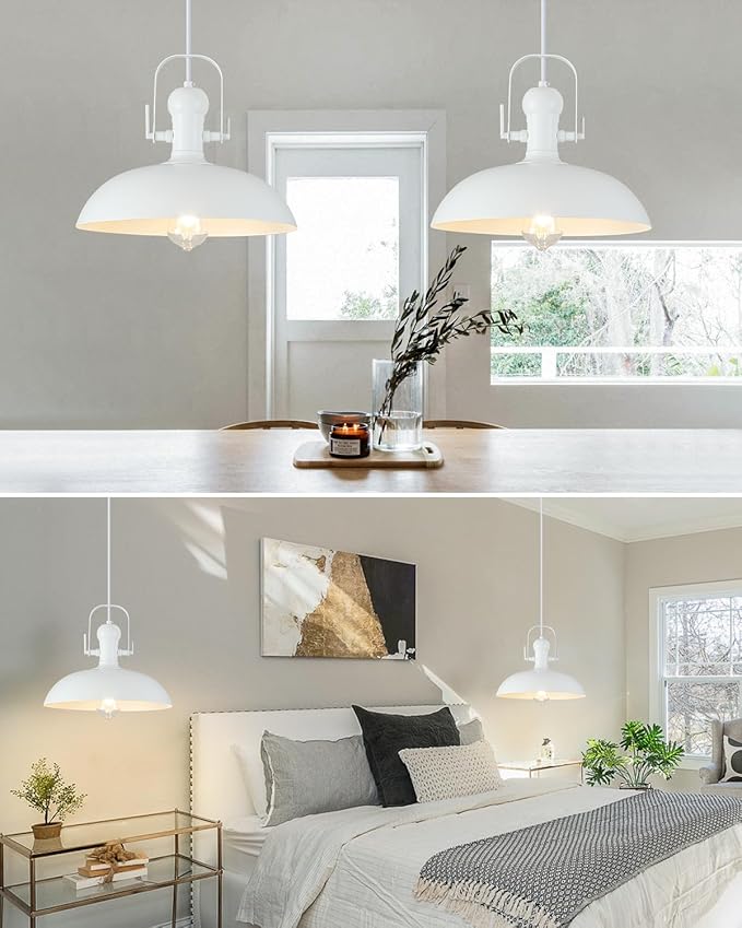 White Pendant Lights Kitchen Island 2 Pack, 13.8 Inch Dome Pendant Light, White Farmhouse Pendant Light, Industrial Pendant Lights for Kitchen Barn Hallway Porch Dining Room