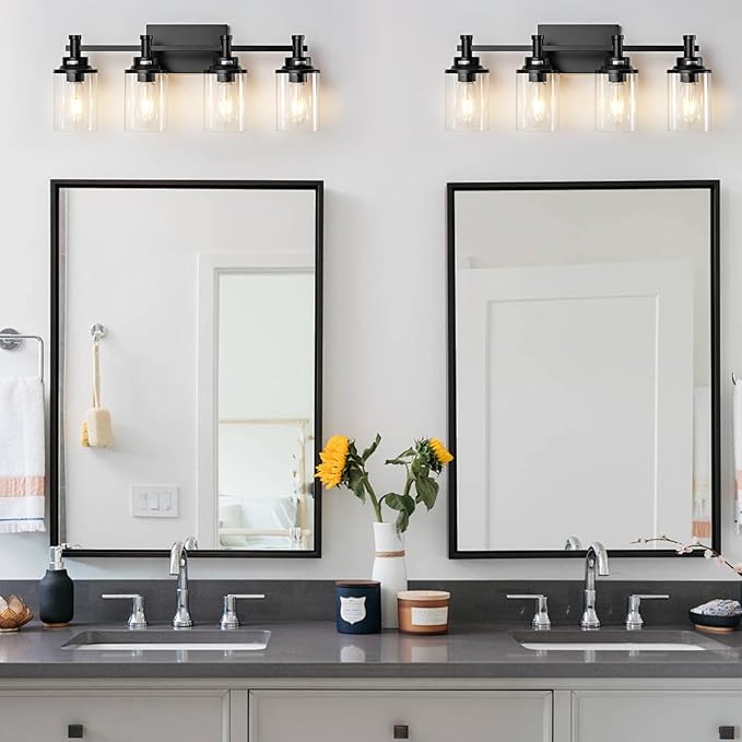 4-Light Bathroom Vanity Lights with Clear Glass Shades, Matte Black Over Mirror, Modern Wall Lamp for Mirror, Living Room, Bedroom