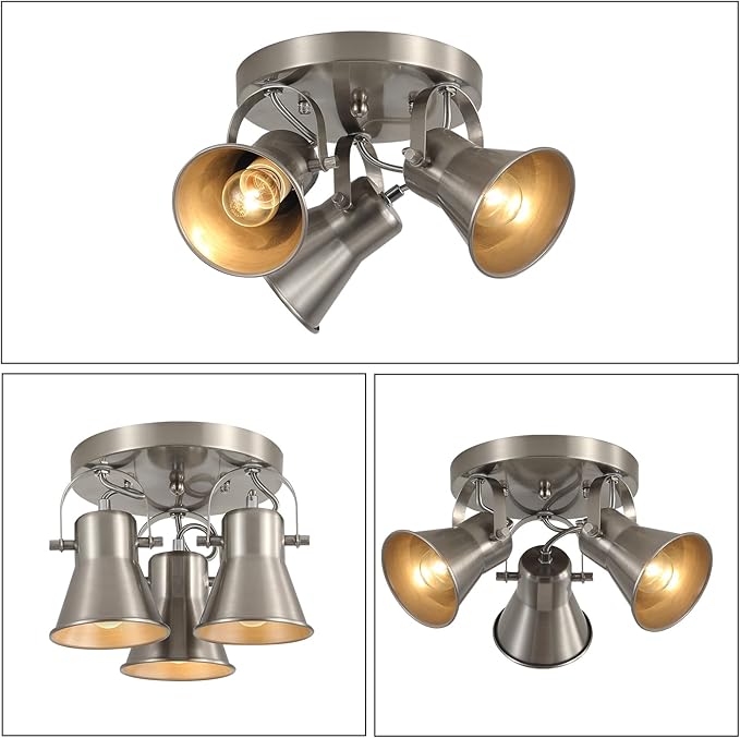 SEEBLEN 3-Light Industrial Track Lighting, Adjustable Round Kitchen Ceiling Light, Morden Nickel Flush Mount Directional Light for Kitchen, Hallway, Dining Room, Bathroom, Coffee Bar
