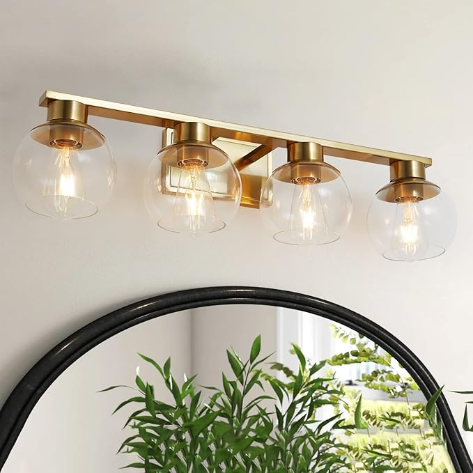 PAZALA Brushed Brass Bathroom Light Fixtures Over Mirror 4-Lights Vanity Light Wall Sconce with Globe Glass Shade, E26 Base, Perfect for Hallway Picture Wall Lighting Bathroom Bedroom Living Room