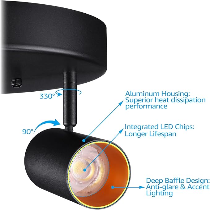 LEONLITE 36W 5CCT 3 Light LED Directional Ceiling Spotlight Fixtures, Adjustable Spot Light Flush Mount, Dimmable Accent Lighting for Kitchen, Hallway, 110-277V, 3200lm, CRI90, Black