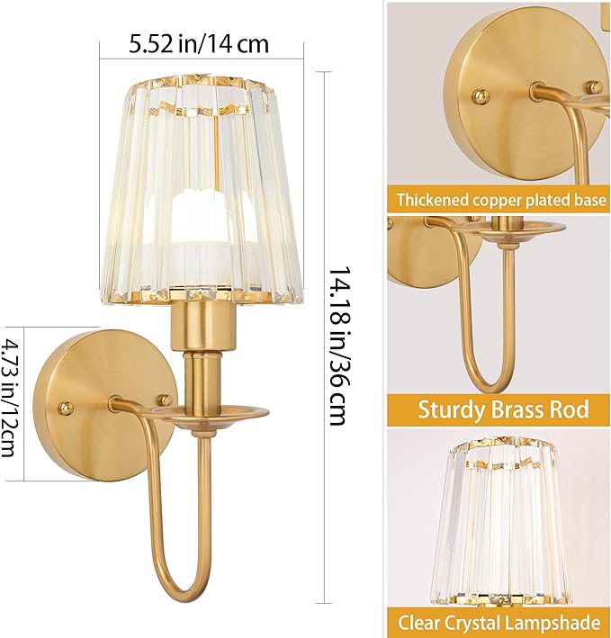 Battery Operated Wall Sconces Set of 2 – 5200mAh Rechargeable Gold Crystal Glass, 15 Colors & 10-Level Dimmable, Wireless Wall Lights for Living Room & Bedroom