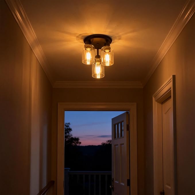 ROTTOGOON Semi Flush Mount Ceiling Light, Close to Ceiling Lights Fixtures, 3 Light Kitchen Ceiling Lights Fixtures with Glass Shades, Hallway Light Fixtures Ceiling Mount for Foyer, Black