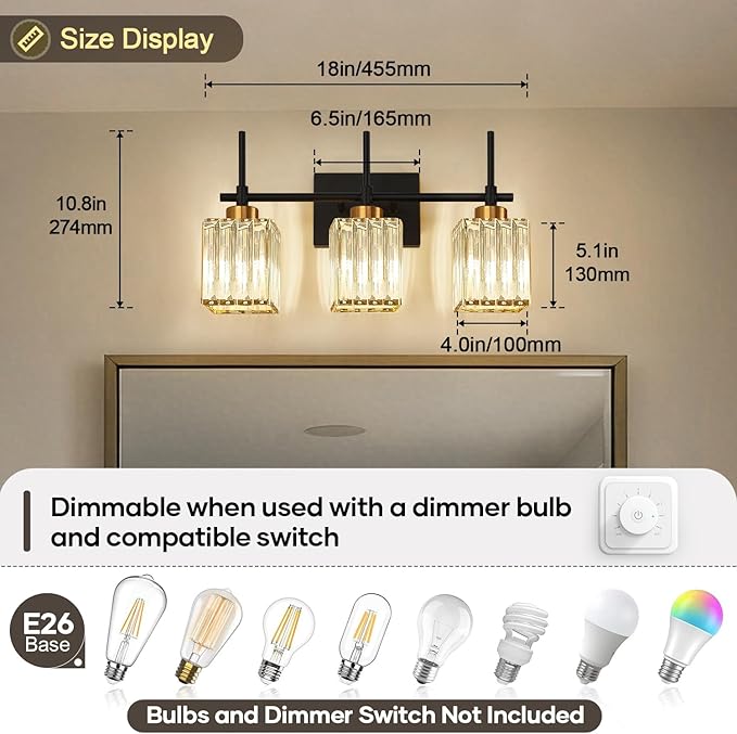 Torondo Modern Crystal 3-Light Vanity Lights for Bathroom Gold Bathroom Lights Over Mirror Black and Gold Vanity Lighting Fixtures Square Shade Brass Wall Sconce (Bulbs Not Include)