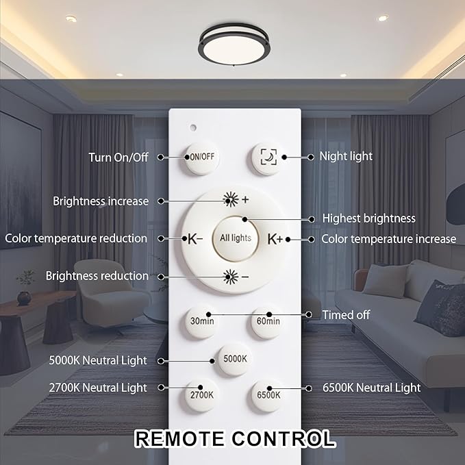 OOWOLF 13.01inch LED Flush Mount Ceiling Light Fixture Remote Dimmable Brushed Nickel, Easy Install LED Ceiling Lamp Without Flicker, Super Bright 36W 3600LM Warm to White Light 2700K to 6500K 2-Pack