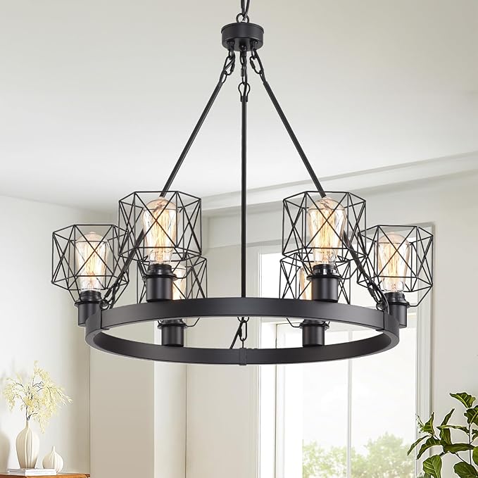 Wagon Wheel Chandelier Modern Farmhouse Pendant Light,Black Farmhouse Chandelier, 6-Light Wagon Wheel Chandelier with Adjustable Height, Dining Room Light Fixture, Hanging Lights