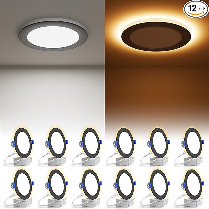 VOLISUN 12 Pack 6 Inch Black Recessed Light with Night Light, Canless LED Recessed Lighting 6 inch, 2700K-5000K Selectable, 12W=130W,1080LM Soffit Lighting Outdoor Recessed Light, ETL Certificated