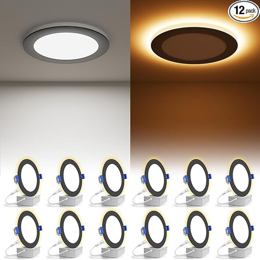 VOLISUN 12 Pack 6 Inch Black Recessed Light with Night Light, Canless LED Recessed Lighting 6 inch, 2700K-5000K Selectable, 12W=130W,1080LM Soffit Lighting Outdoor Recessed Light, ETL Certificated