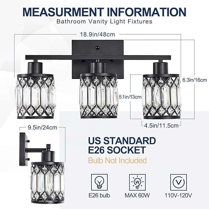Crystal Modern Bathroom Light Fixtures, 3-Light Black Bathroom Vanity Wall Light, Vanity Lights for Mirror, Restroom, Bedroom (E26 Socket, Bulbs Not Included)