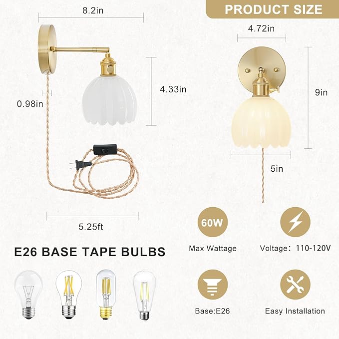 Plug in Wall Sconces Set of 2, Vintage Wall Sconce Light with Tulip Milk White Glass Lampshade, Bedroom Wall Sconce with Switch and Plug in wall lamp Cord, Gold Wall Light Wall Decor Set of 2