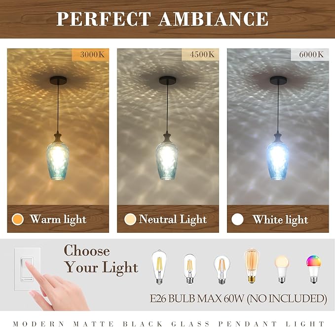 Pendant Lights Kitchen Island 2 Pack, Blue Glass Pendant Light Fixtures with Hammered Glass, Modern Hanging Light for Kitchen Sink Dining Room Bedroom